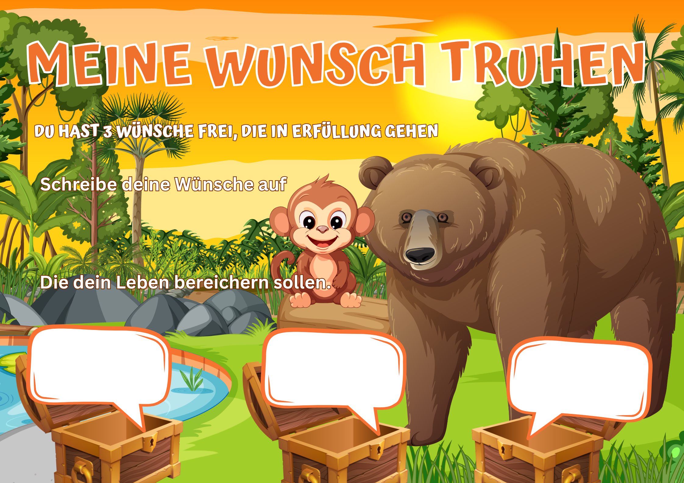 Wunschposter für Kinder der Bär und ein Affe mit niedlichem Bären und Affen in einem Dschungelsetting.