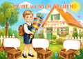 Wunschposter für Kinder ein Junge mit eine Schultüte Digital - Junge hält Schultüte vor einem bunten Hintergrund.