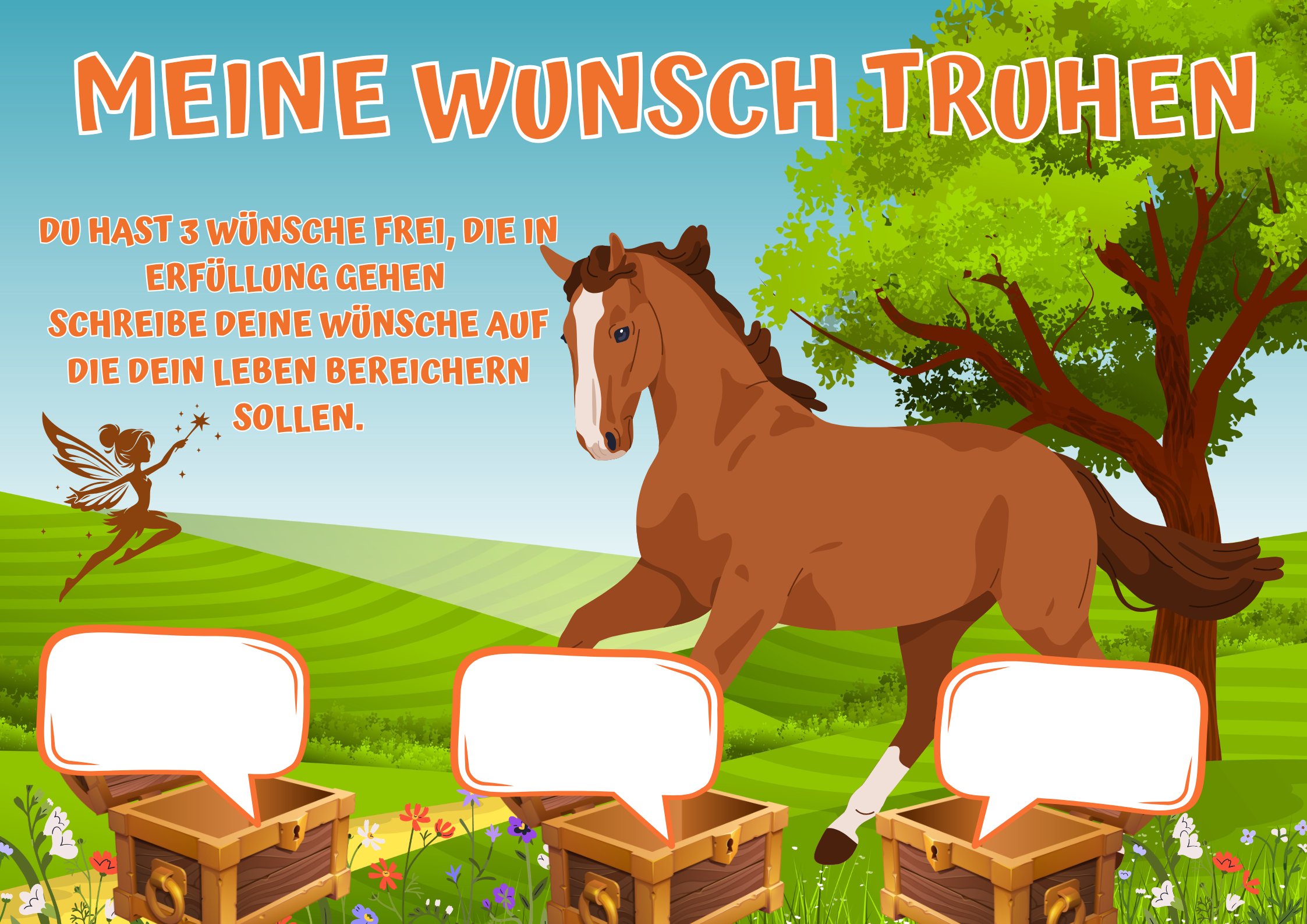 Wunschposter für Kinder ein Pferd auf einer Wiese Digital mit einem Pferd und Wunschfeldern auf einer bunten Wiese.