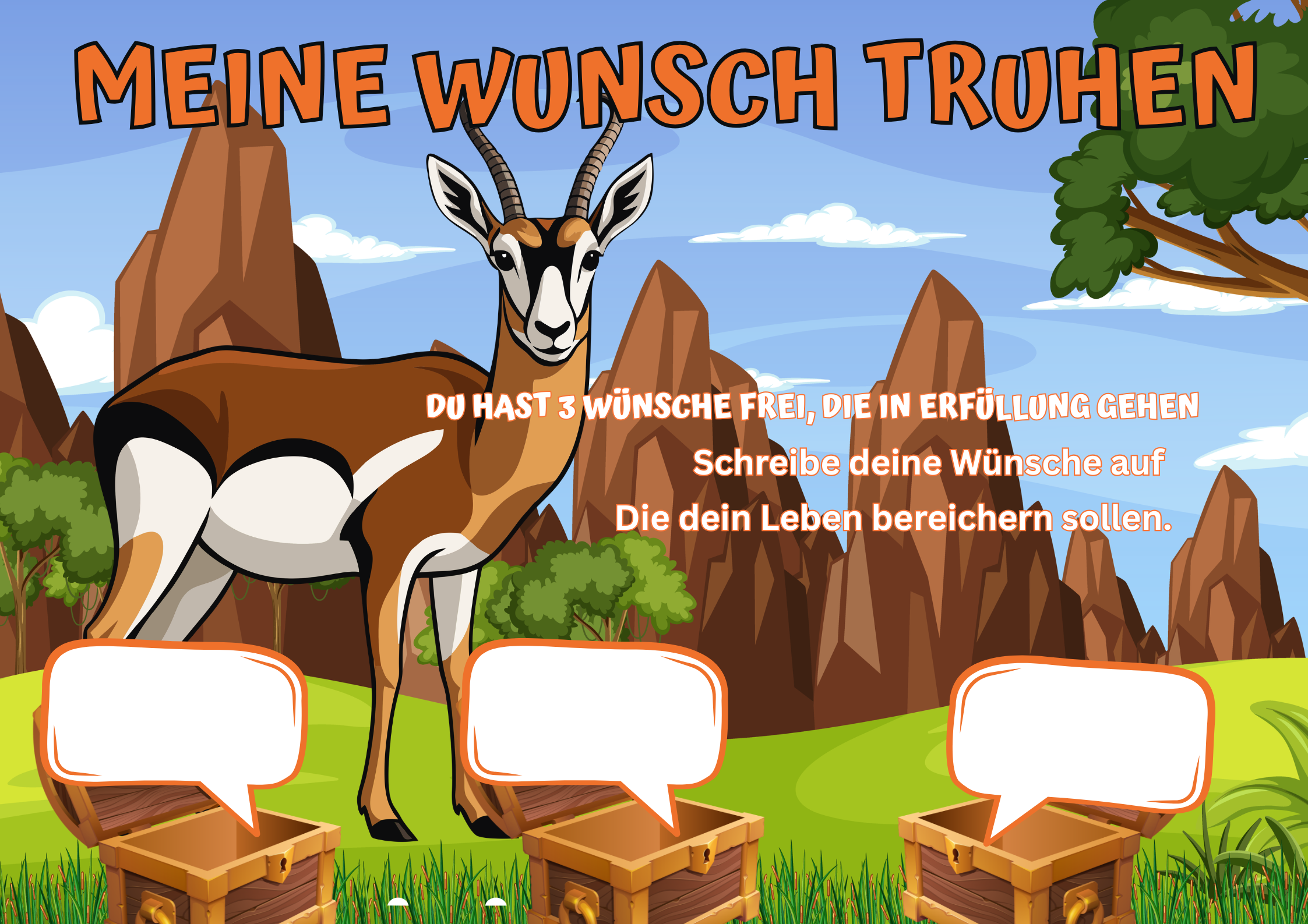 Wunschposter Gämse Kinder Digital mit einer Gämse in Berglandschaft und Wunschfeldern.