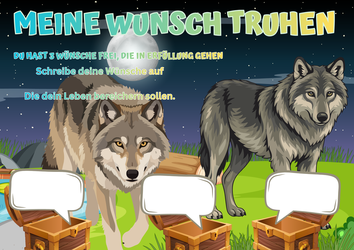 Wunschposter für Kinder zwei Wölfe auf einer Wiese Digital mit Platz für Wünsche und kreatives Schreiben.