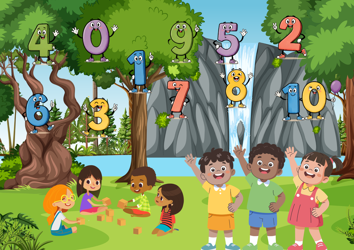 Zahlen Spielwiese Poster Digital mit bunten Zahlen und spielenden Kindern in einer fröhlichen Landschaft.