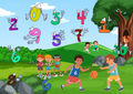 Zahlen Sportwiese Poster Digital zeigt Kinder auf einer bunten Wiese mit Zahlen und Spielaktivitäten.
