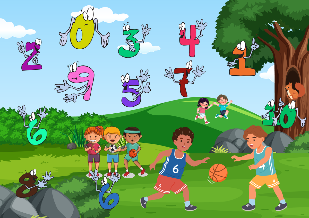 Zahlen Sportwiese Poster Digital zeigt Kinder auf einer bunten Wiese mit Zahlen und Spielaktivitäten.