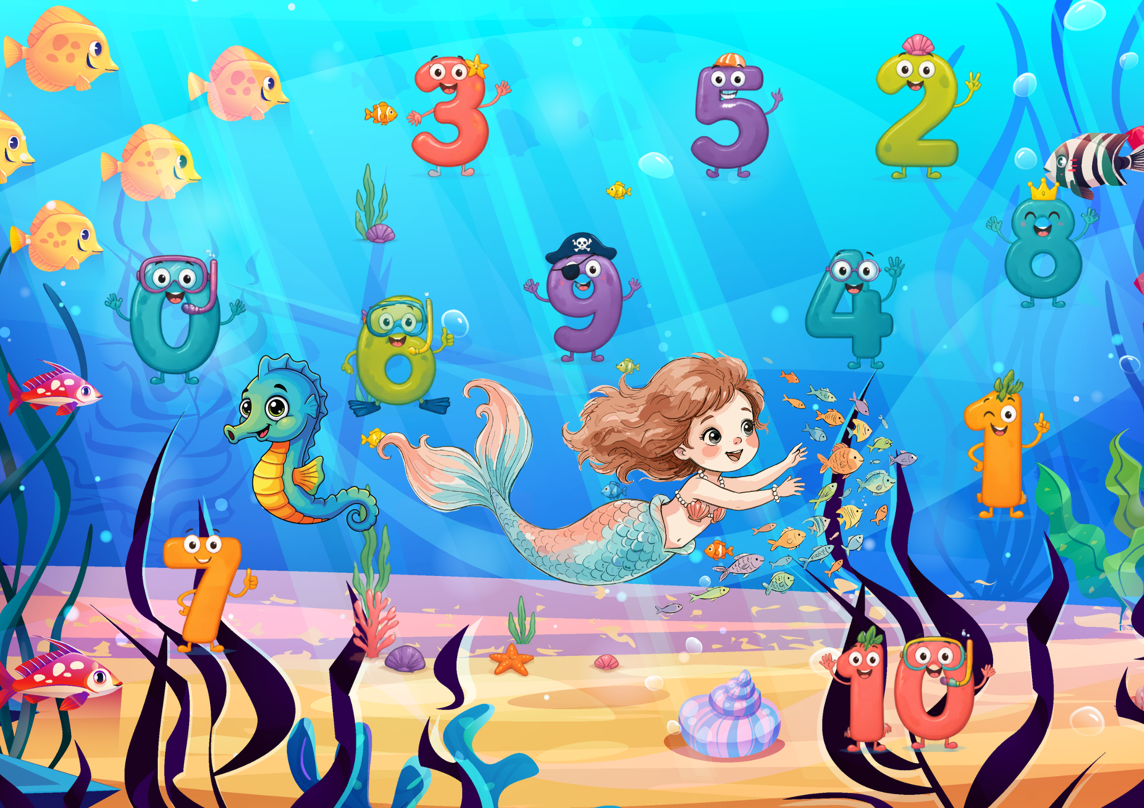 Zahlen Tiefseetaucher Poster Digital mit einer Meerjungfrau, Fischen und Zahlen im Unterwasserbereich.