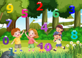Zahlen Wald Spielwiese Poster Digital mit freundlichen Kindern und bunten Zahlen im Wald.
