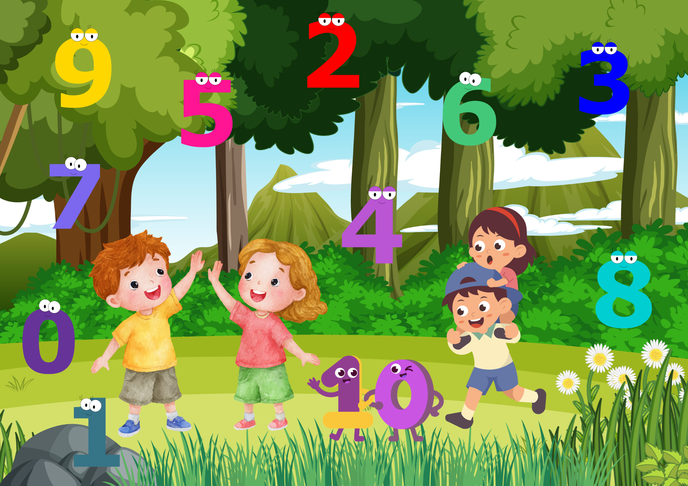 Zahlen Wald Spielwiese Poster Digital mit freundlichen Kindern und bunten Zahlen im Wald.