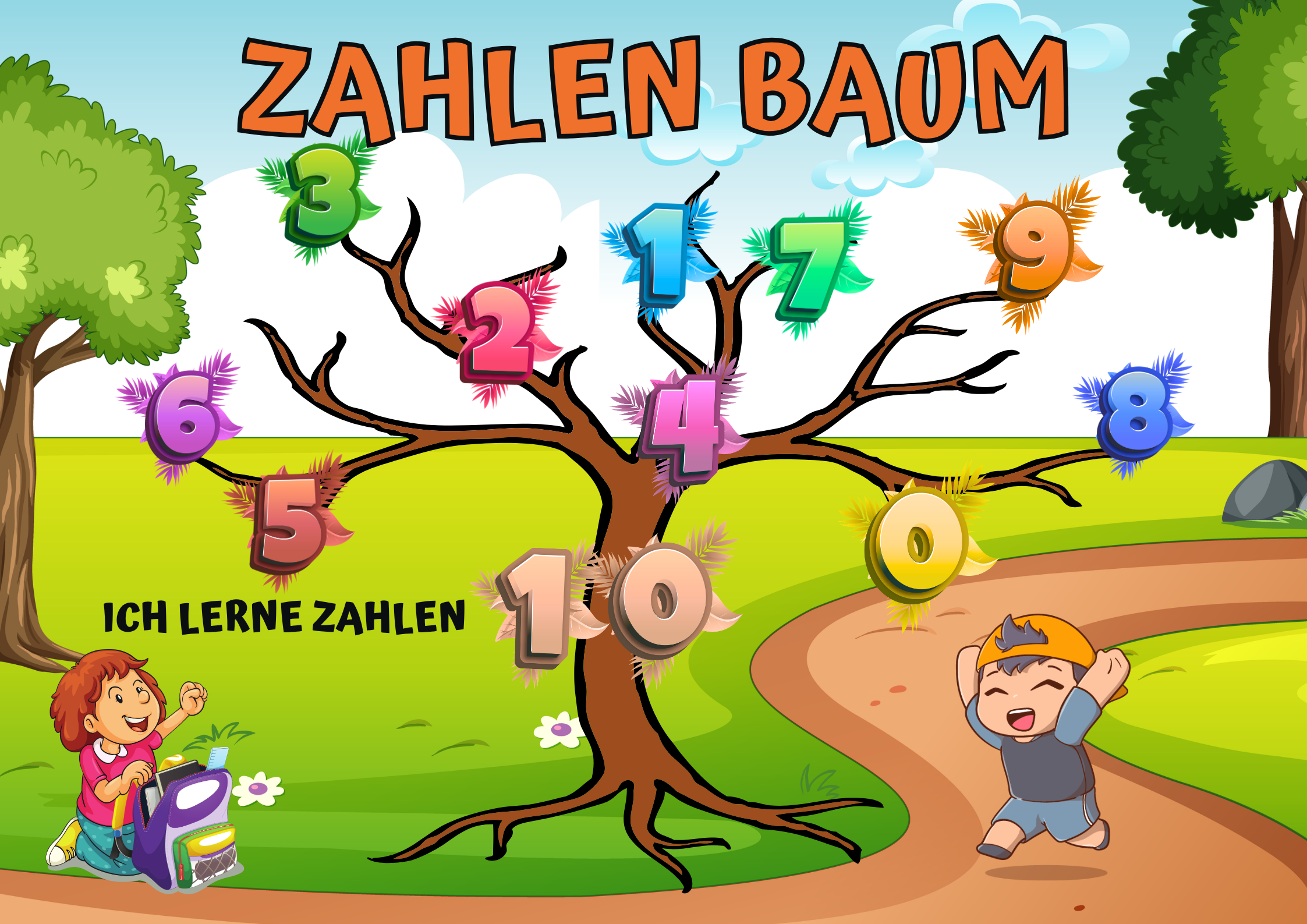 Zahlenbaum Poster Digital für Kinder mit bunten Zahlen und spielenden Kindern im Wald.