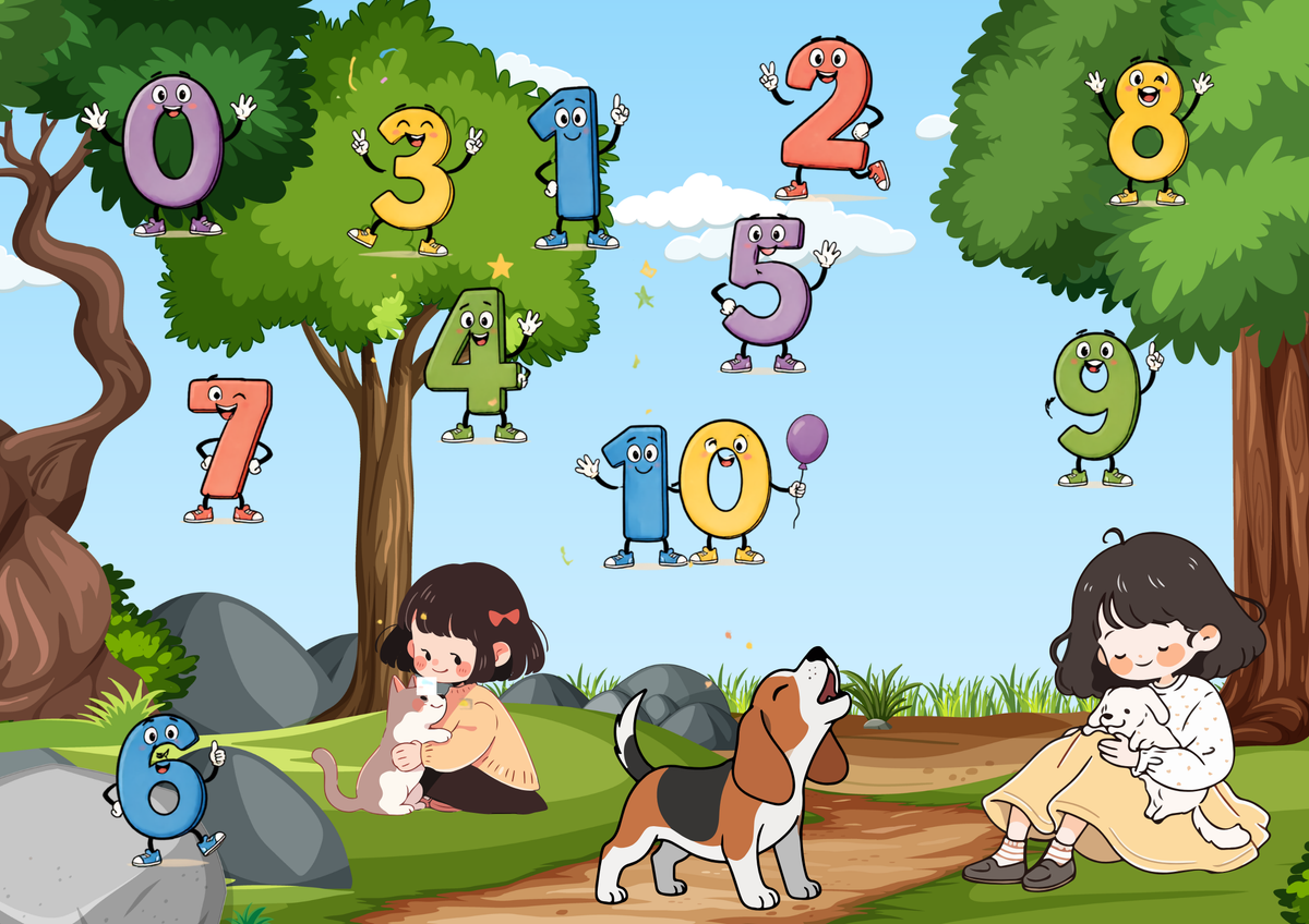 Zahlenwelt mit Hund und Katze Poster Digital mit bunten Zahlen und spielenden Kindern in der Natur.