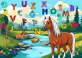 Zwei Pferde am Bach ABC Poster Digital mit bunten Buchstaben und einem Entenboot im idyllischen Landschaftsbild.
