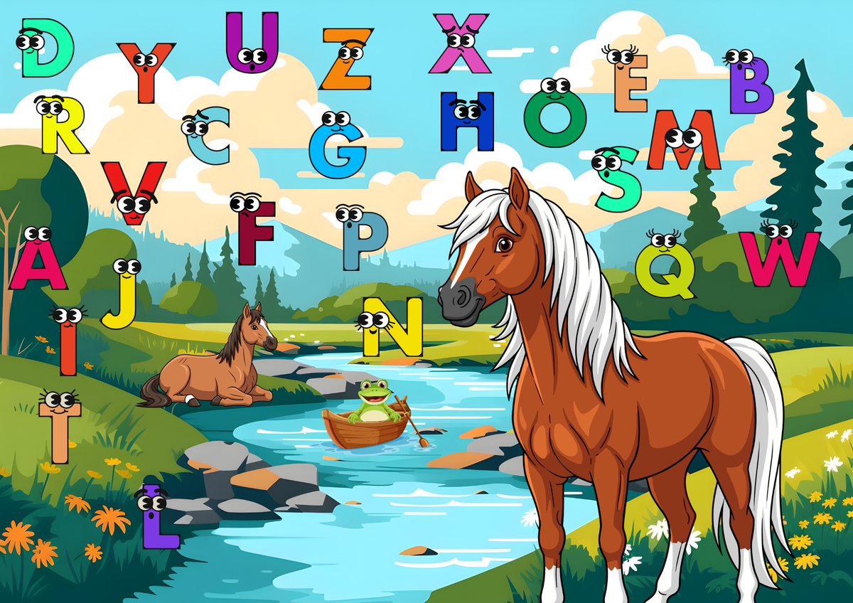 Zwei Pferde am Bach ABC Poster Digital mit bunten Buchstaben und einem Entenboot im idyllischen Landschaftsbild.