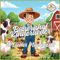 Bauernhof Kinderlieder Nummer 2 - bunte illustration mit einem Jungen, Tieren und einem Bauernhof-Hintergrund.