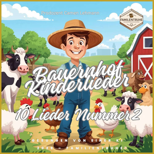 Bauernhof Kinderlieder Nummer 2 - bunte illustration mit einem Jungen, Tieren und einem Bauernhof-Hintergrund.