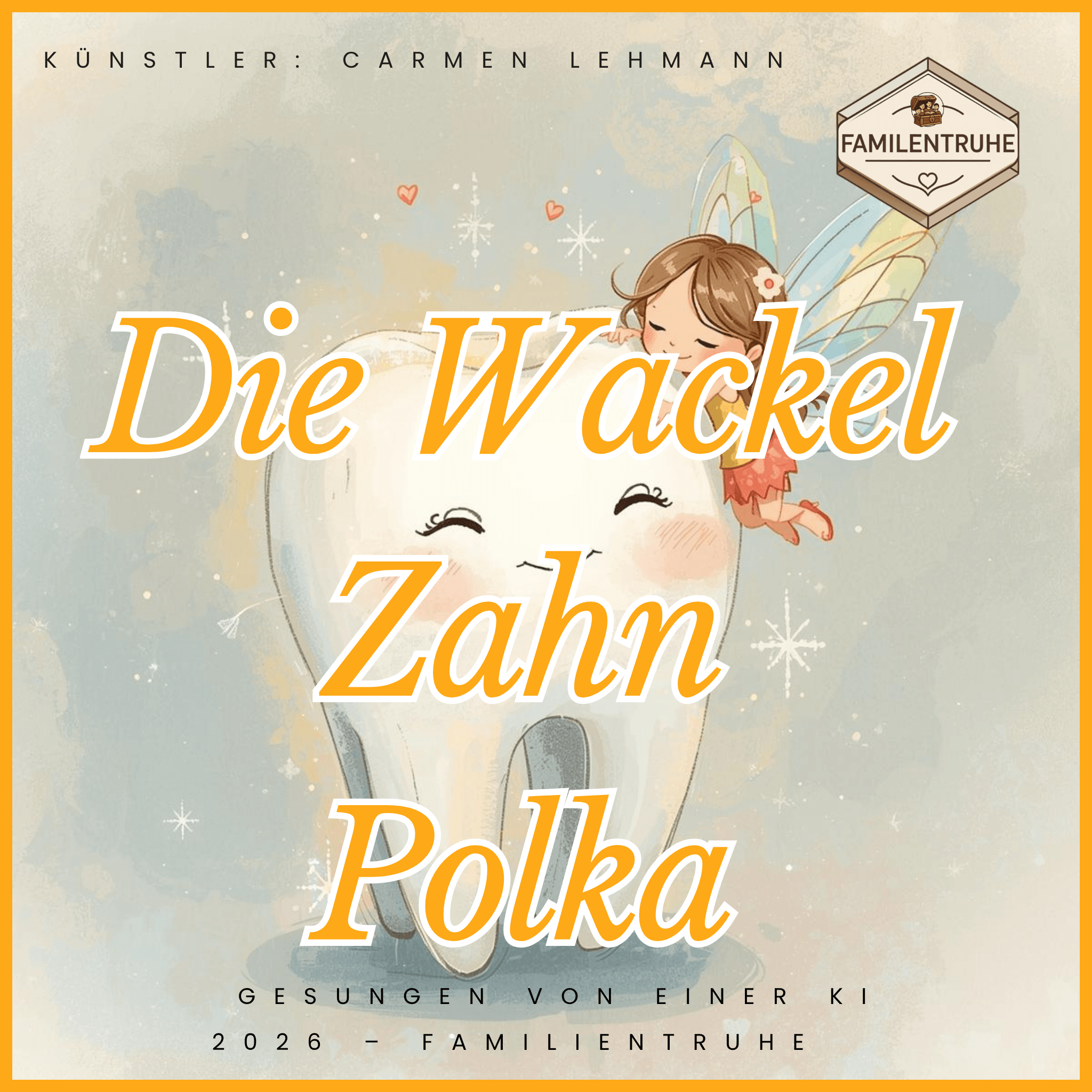 Kinderlied-Die Wackel Zahn Polka Cover mit einem fröhlichen Kind und einem großen Zahn.