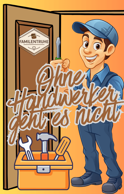 Illustration eines Handwerkers mit Werkzeugkiste und dem Titel E-Book Ohne Handwerker geht nichts.