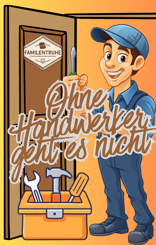 Illustration eines Handwerkers mit Werkzeugkiste und dem Titel E-Book Ohne Handwerker geht nichts.