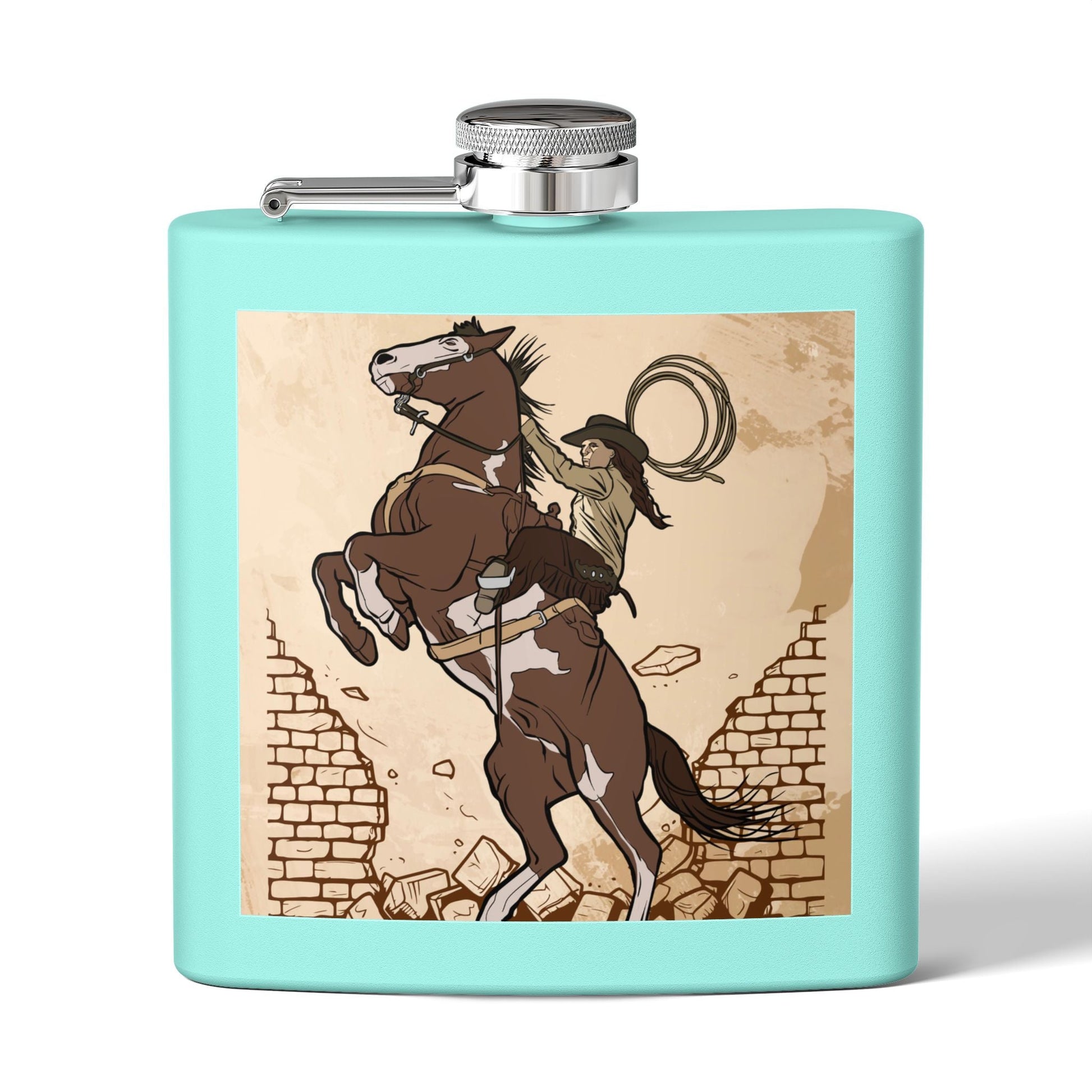 Edelstahl - Flachmann mit Cowboy - Motiv Trinkgefäß für Abenteurer - Familientruhe