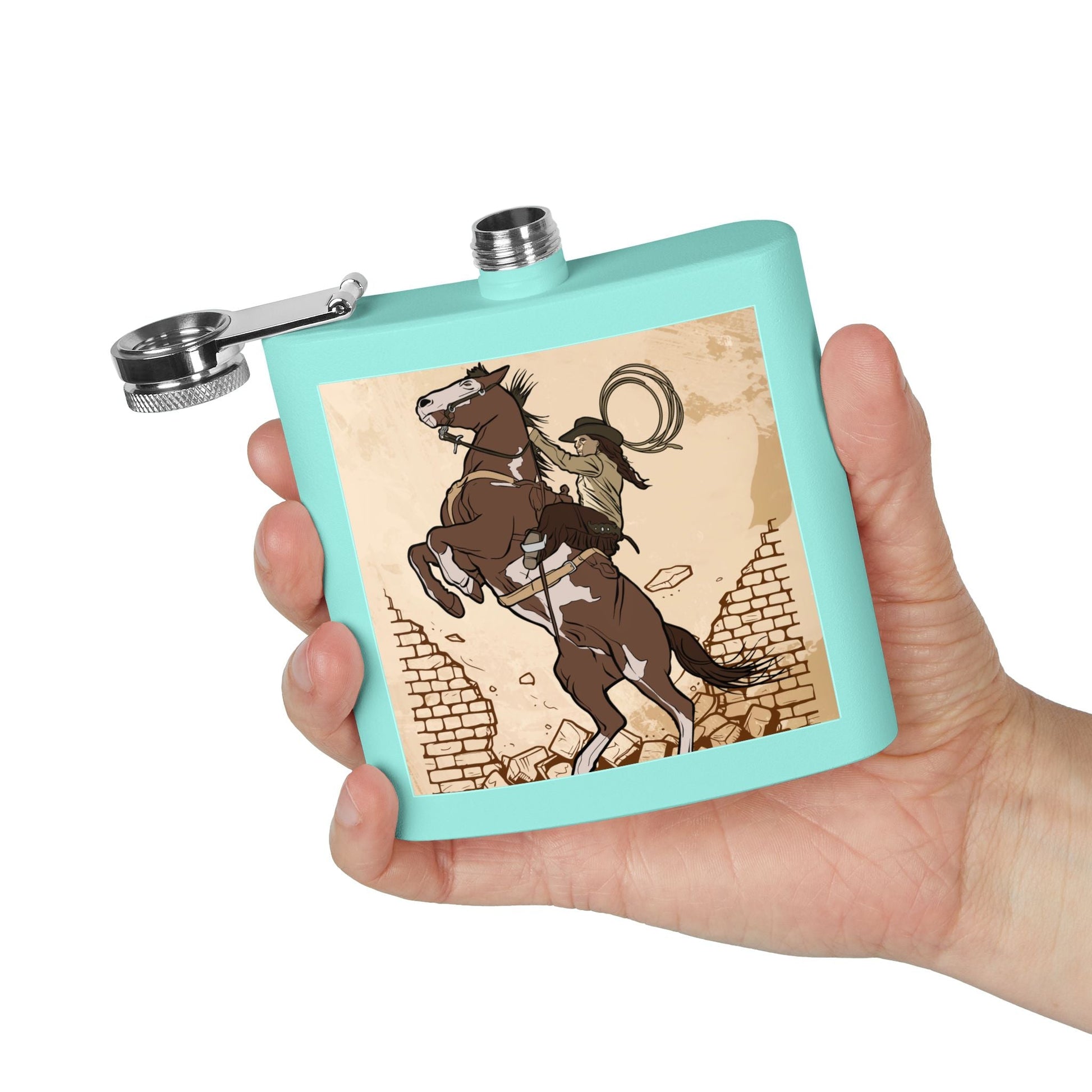 Edelstahl - Flachmann mit Cowboy - Motiv Trinkgefäß für Abenteurer - Familientruhe