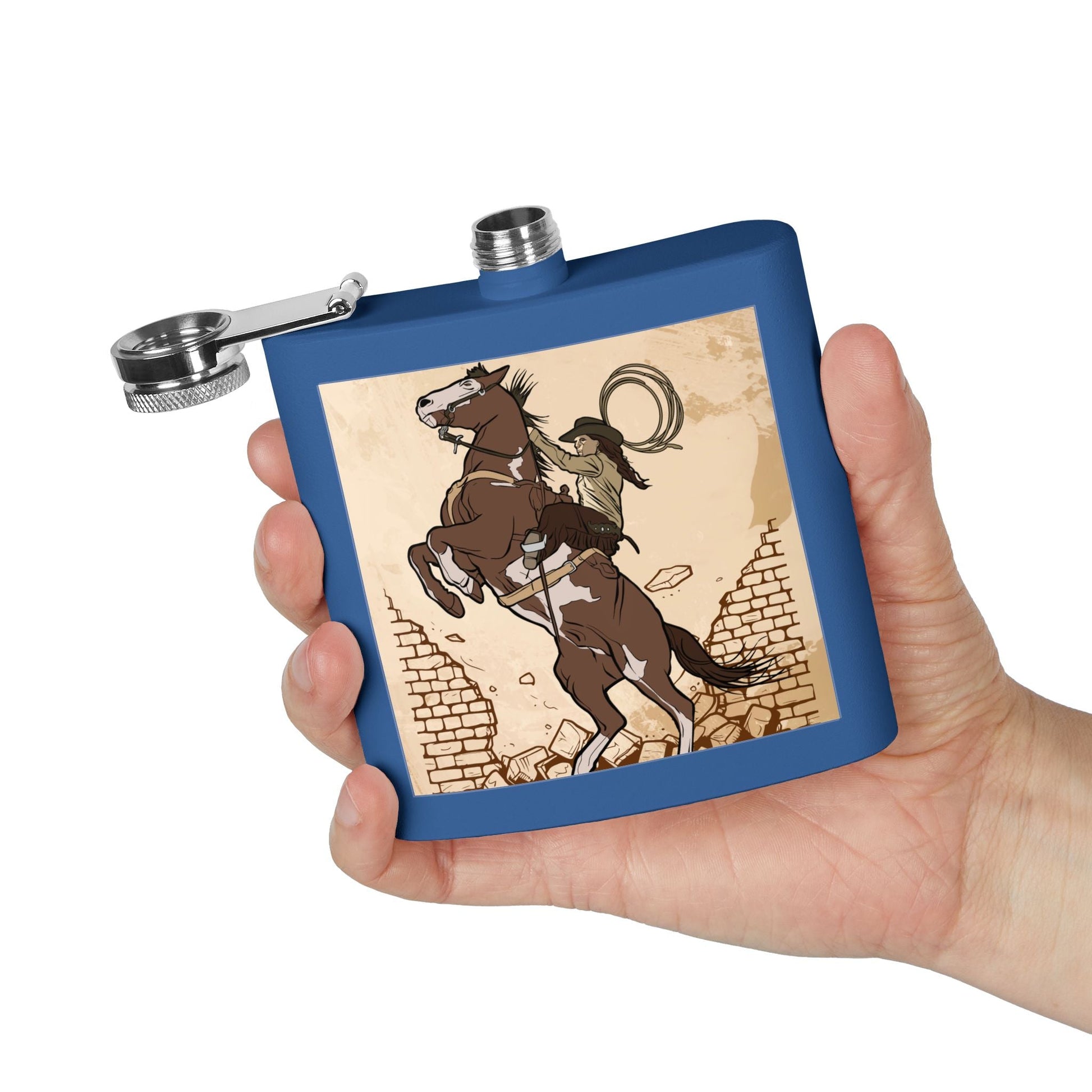 Edelstahl - Flachmann mit Cowboy - Motiv Trinkgefäß für Abenteurer - Familientruhe