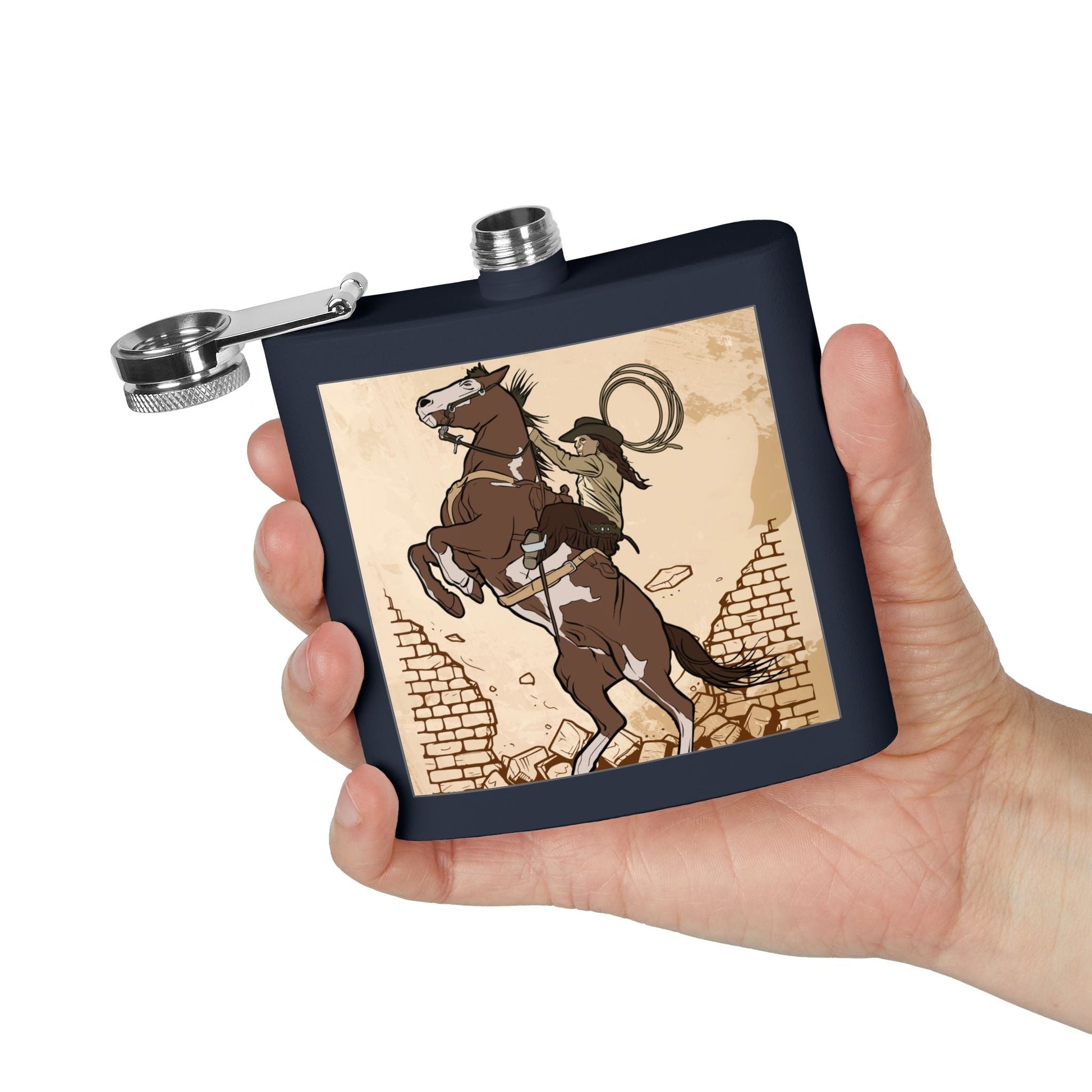 Edelstahl - Flachmann mit Cowboy - Motiv Trinkgefäß für Abenteurer - Familientruhe