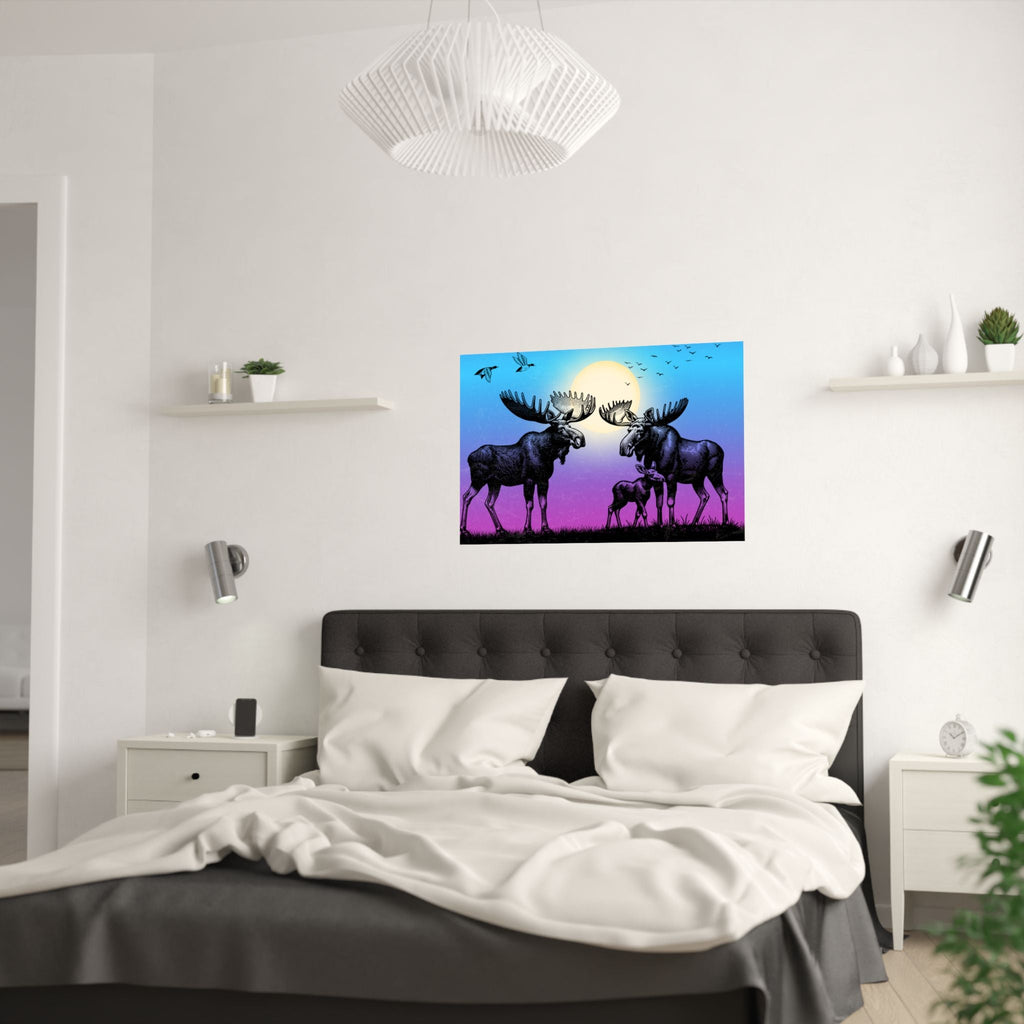 Elch Familie Satin Poster Kunstdruck, Wildlife Dekor, Naturliebhaber - Familientruhe