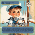 Hörbuch- Emil der Traumsegler Fantasievolle Gute Nacht Cover mit Junge, Segelboot und traumhaften Meereslandschaften.