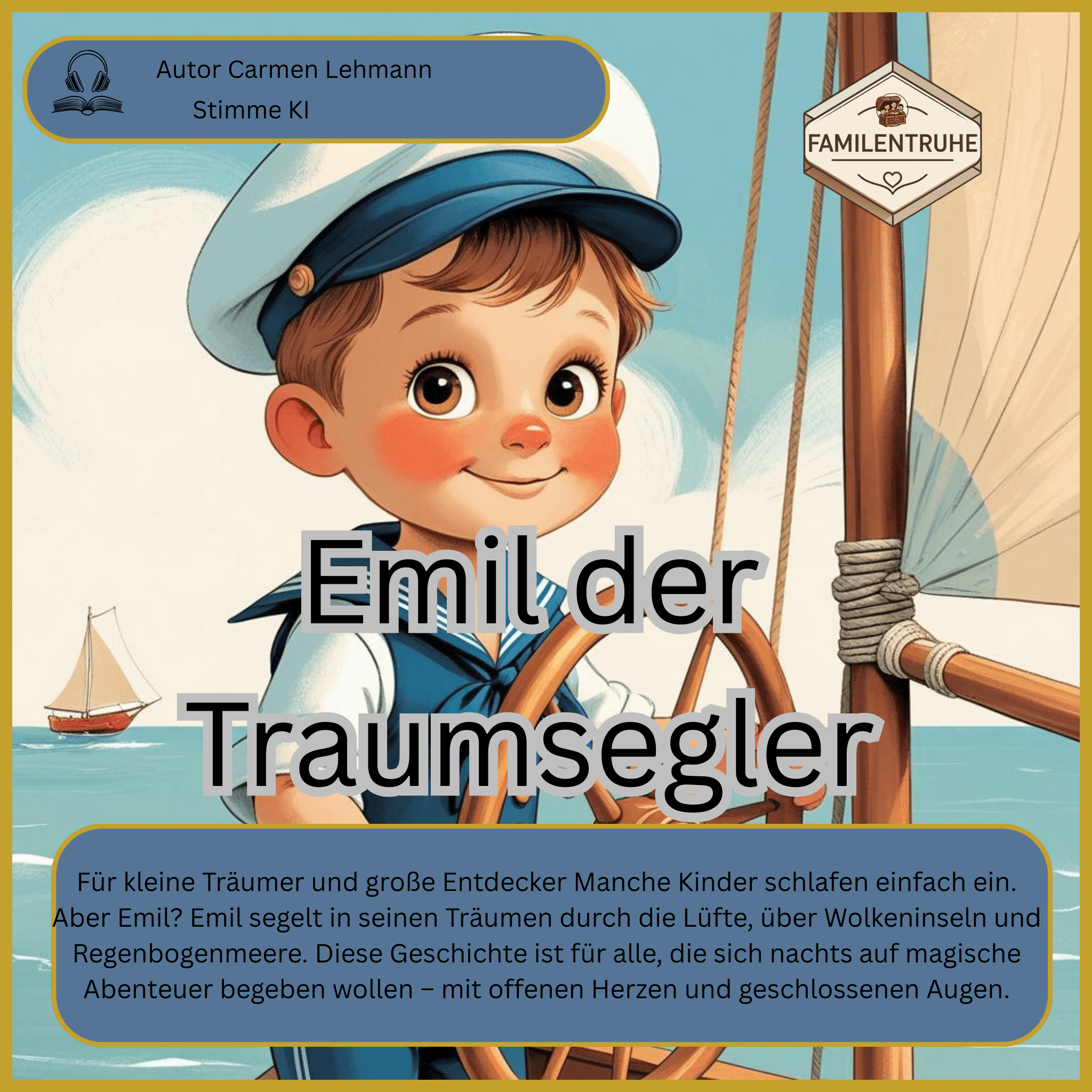 Hörbuch- Emil der Traumsegler Fantasievolle Gute Nacht Cover mit Junge, Segelboot und traumhaften Meereslandschaften.