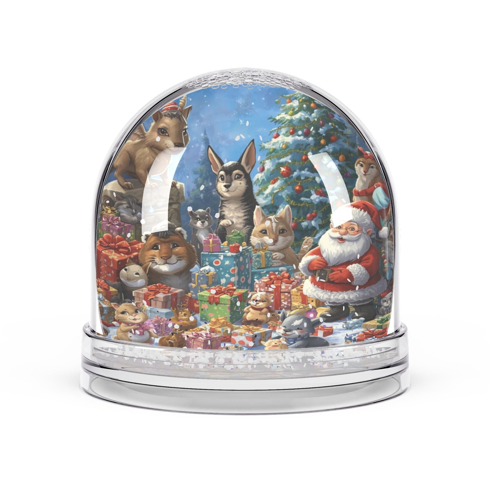 Festliche Schneekugel mit Weihnachtsmann und Tieren - Familientruhe