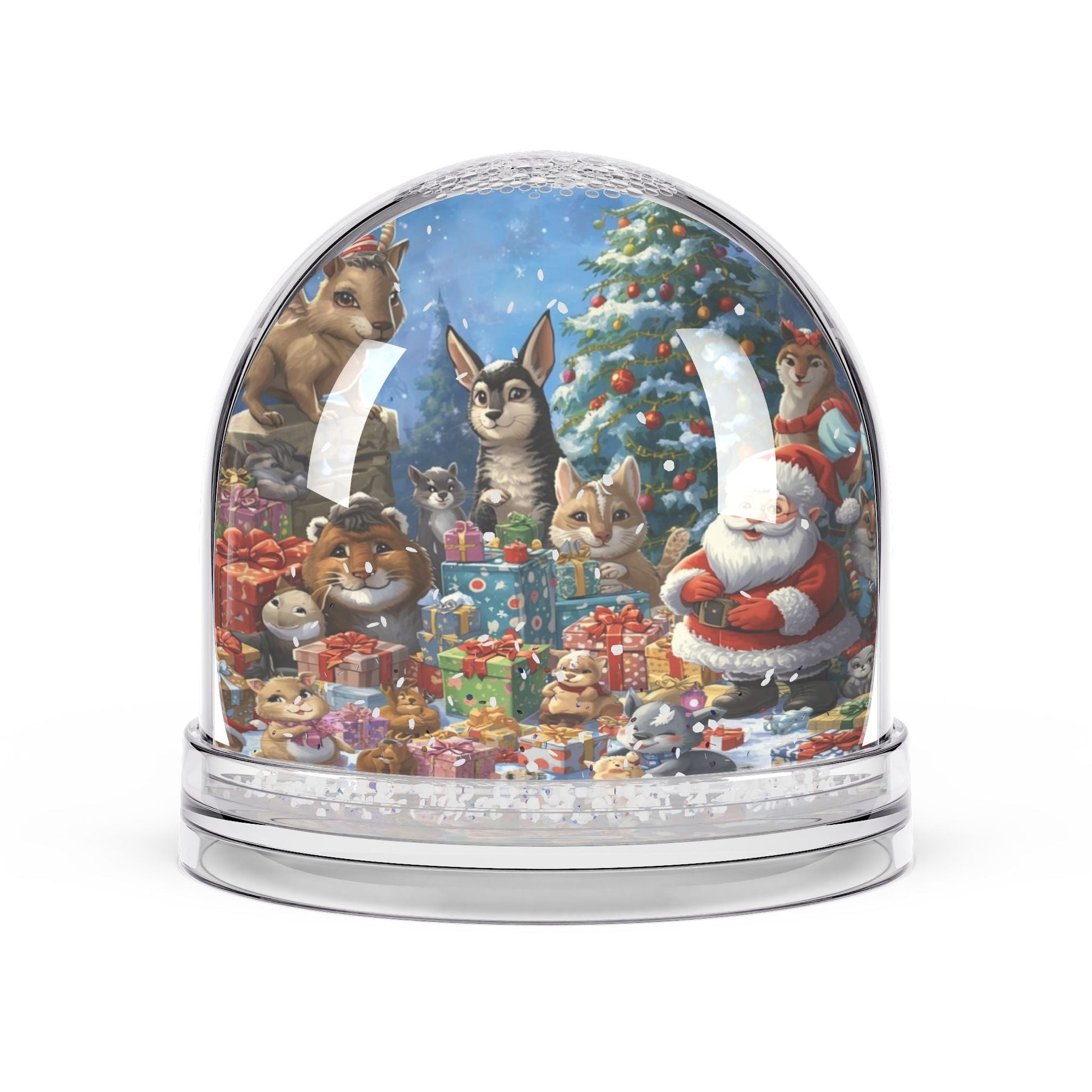 Festliche Schneekugel mit Weihnachtsmann und Tieren - Familientruhe