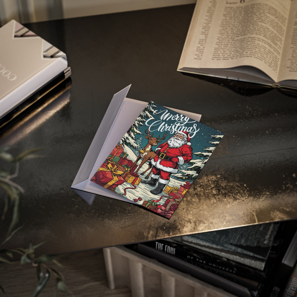 Festliche Weihnachtskarten mit Weihnachtsmann und Rentier - Familientruhe