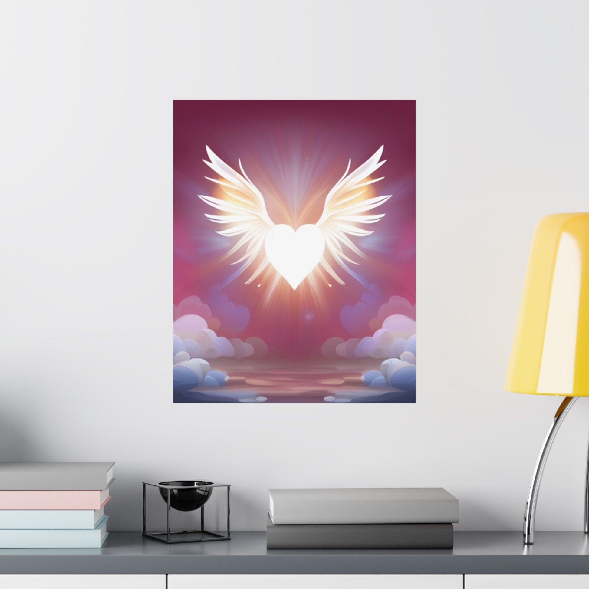 Himmlisches Herz Satin Poster, Spiritueller Kunstdruck Geflügelter Engel - Familientruhe