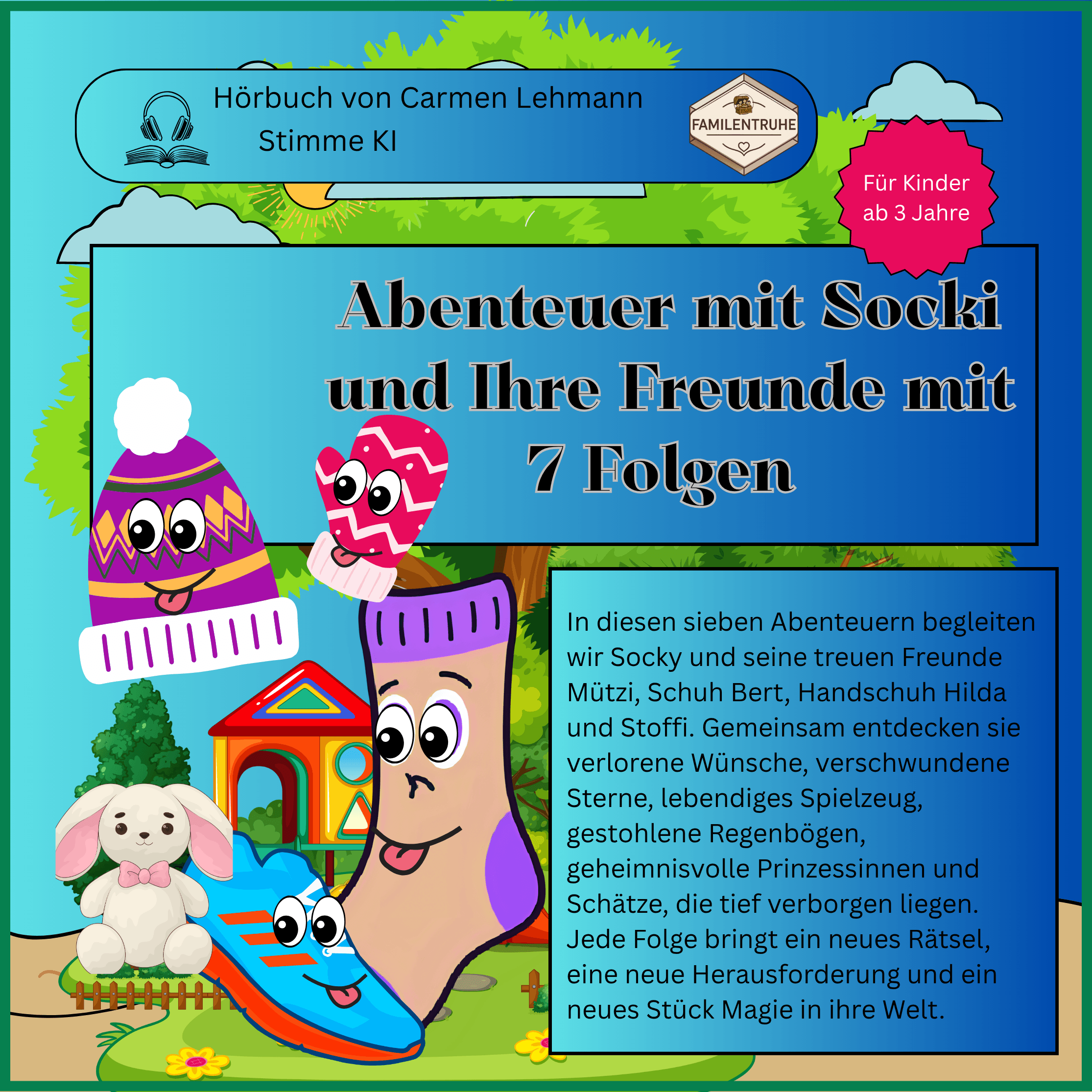 Hörbuch- Abenteuer mit Socky und ihre Freunde  in Serie mit bunten Figuren und fröhlichem Design für Kinder ab 3 Jahren.