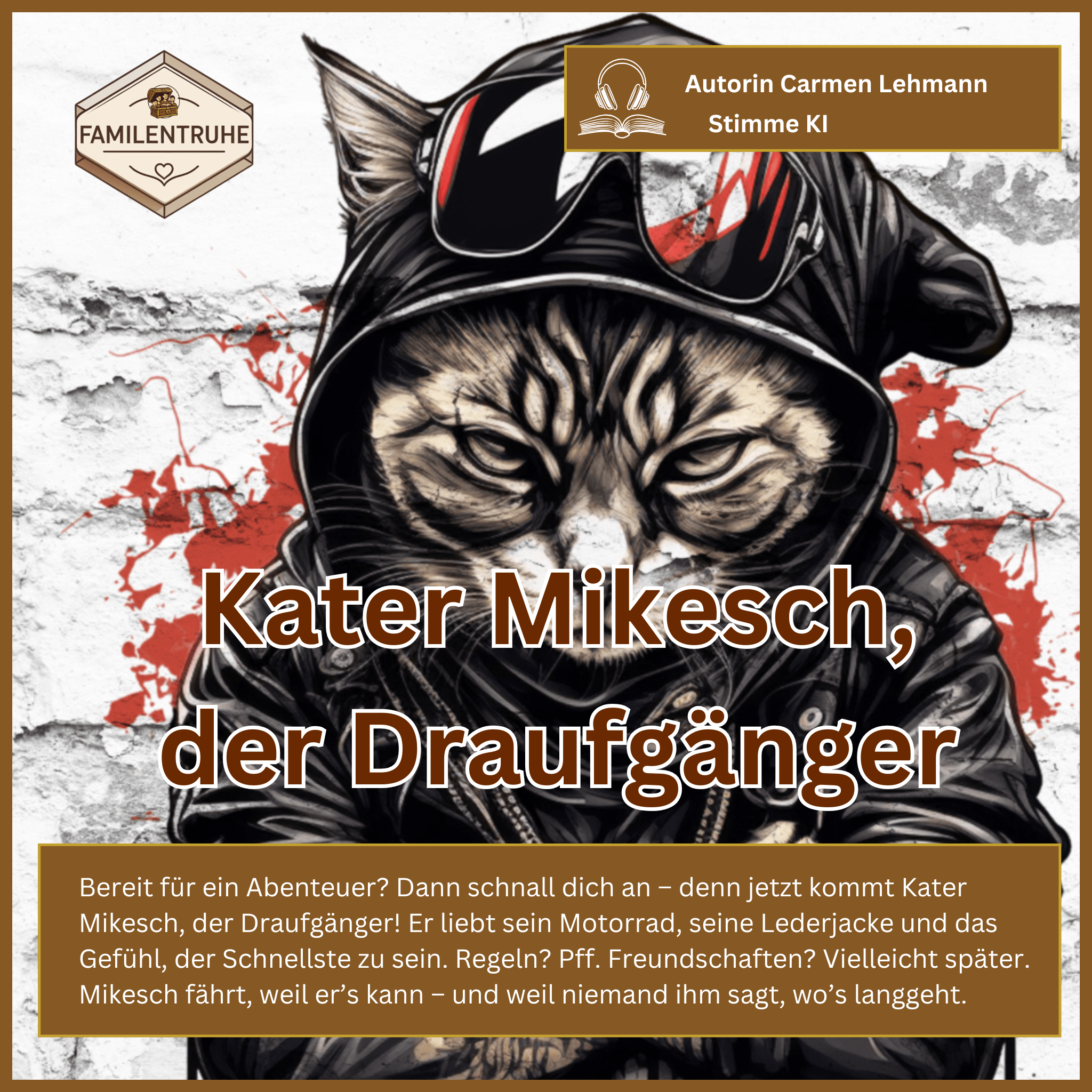 Hörbuch Kater Mikesch: Abenteuer für Kinder ab 3 Jahren mit abenteuerlichem Kater in Motorradjacke.