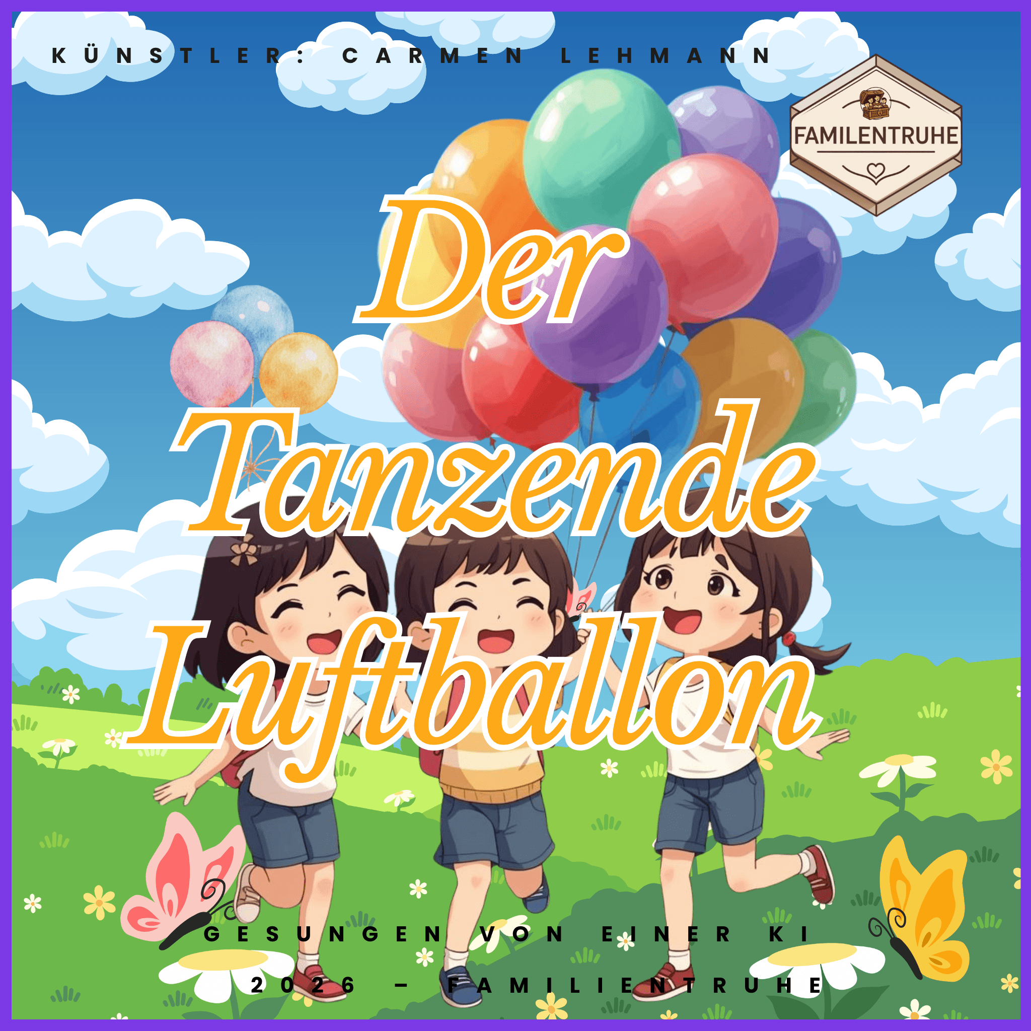 Kinderlied-Der Tanzende Luftballon mit fröhlichen Kindern und bunten Luftballons im Hintergrund.