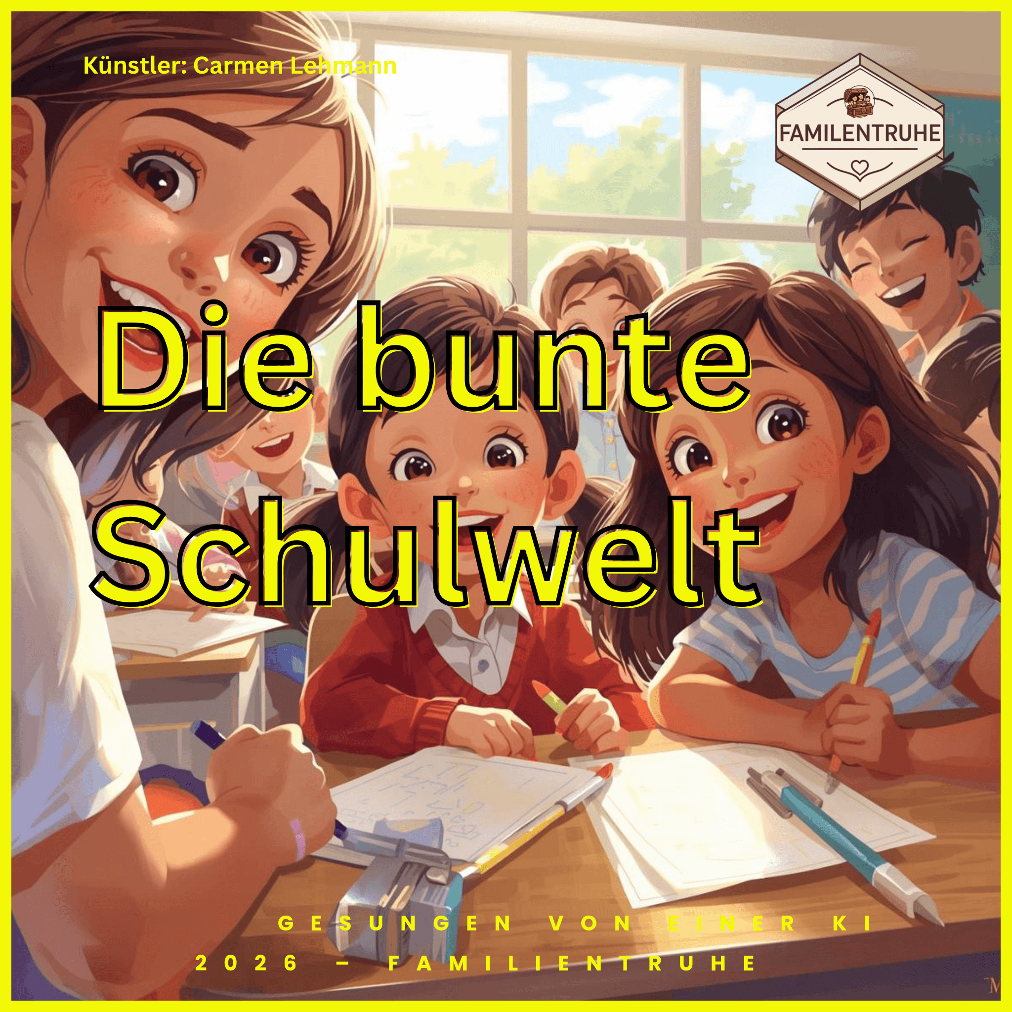 Kinderlied-Die bunte Schulwelt - Fröhliche Kinder im Klassenzimmer bei der Schule.