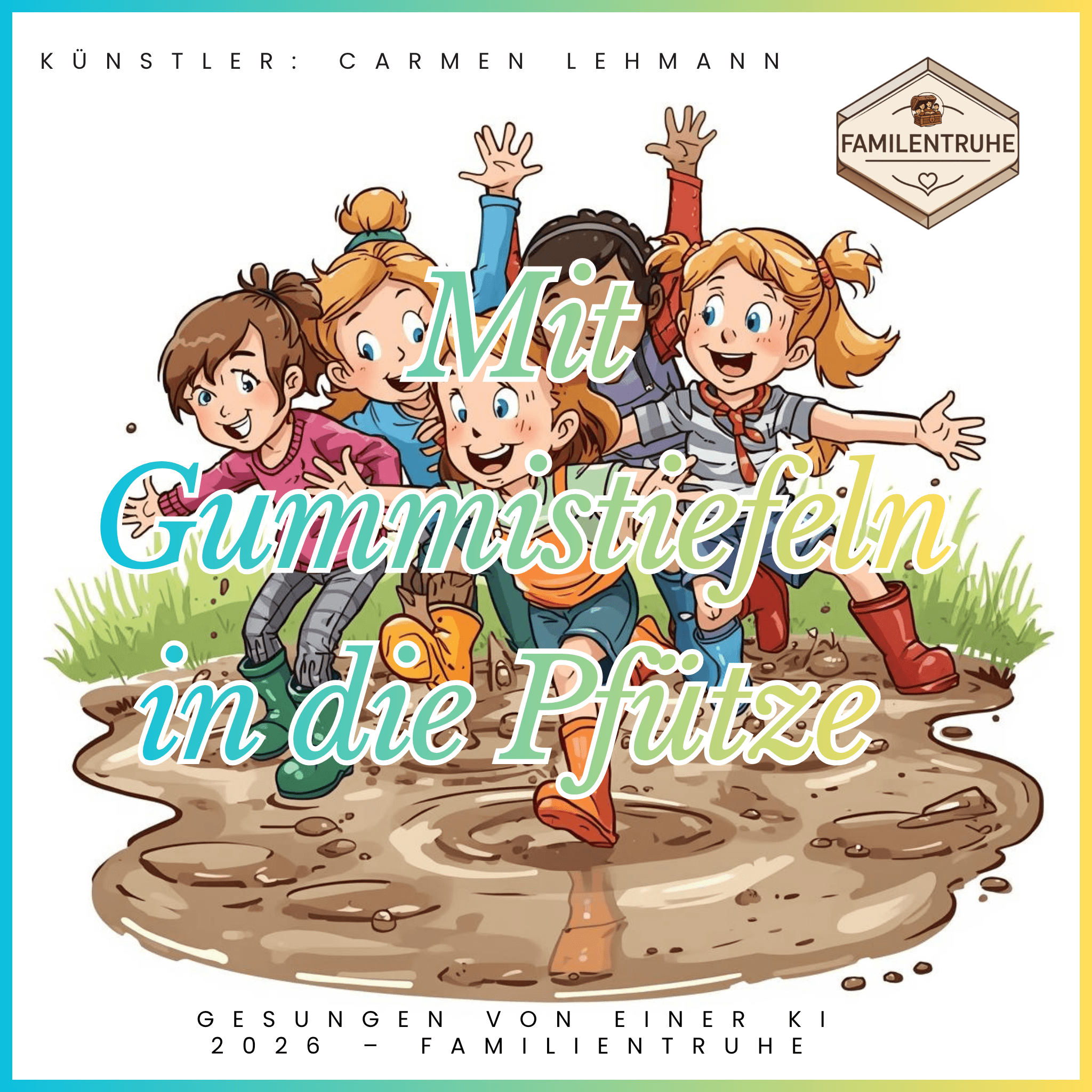 Bunte Kinder springen mit Gummistiefeln in eine Pfütze, inspiriert vom Kinderlied-Mit Gummistiefeln in die Pfütze.