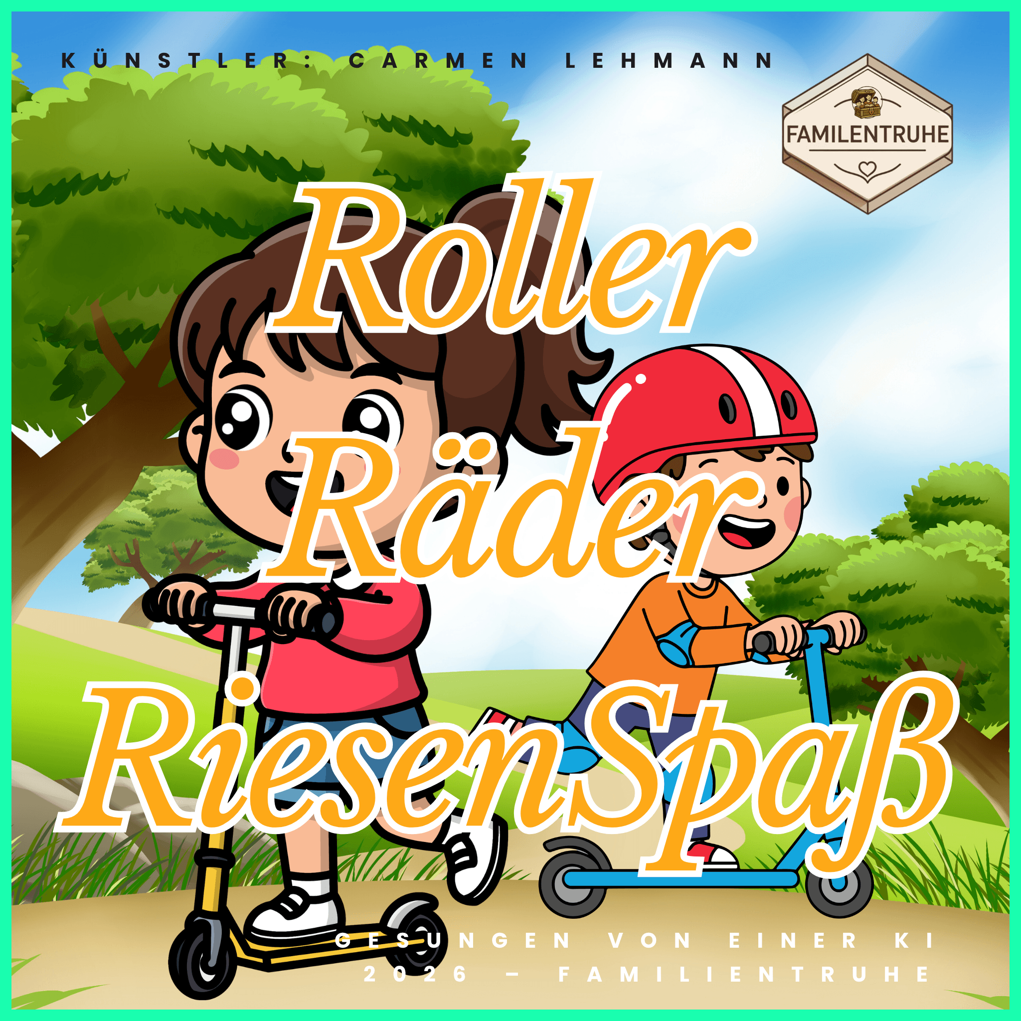 Kinderlied-Roller Räder Riesen Spaß - fröhliche Kinder auf Rollern im Park