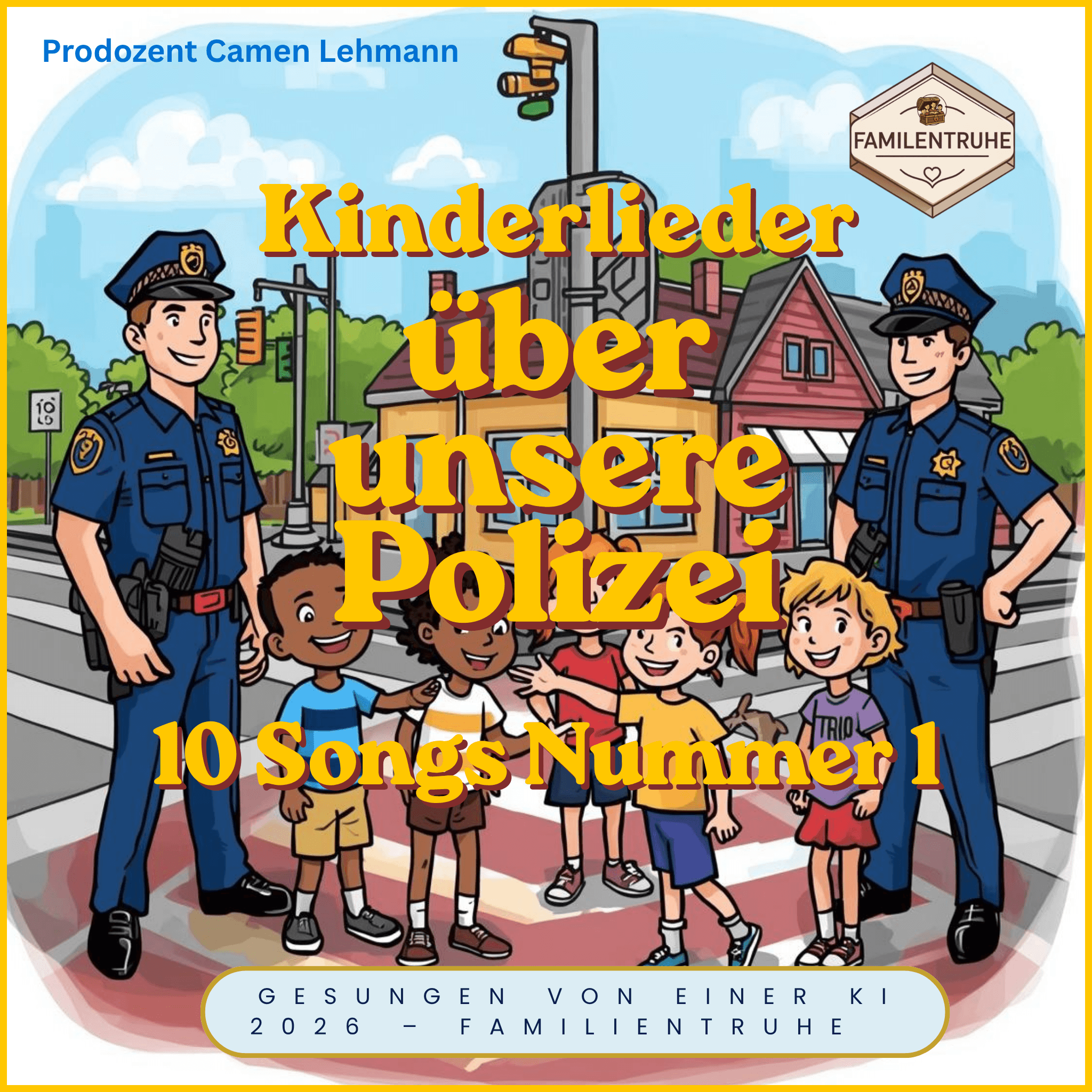 Kinderlieder über unsere Polizei 10 Songs Nummer 1 - Kinder und Polizisten auf einem Bild, fröhliche Szene.