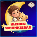 Wiegenlied – Kleiner Schunkelbär: Niedliches Kind mit Teddybär unter einem Mond.