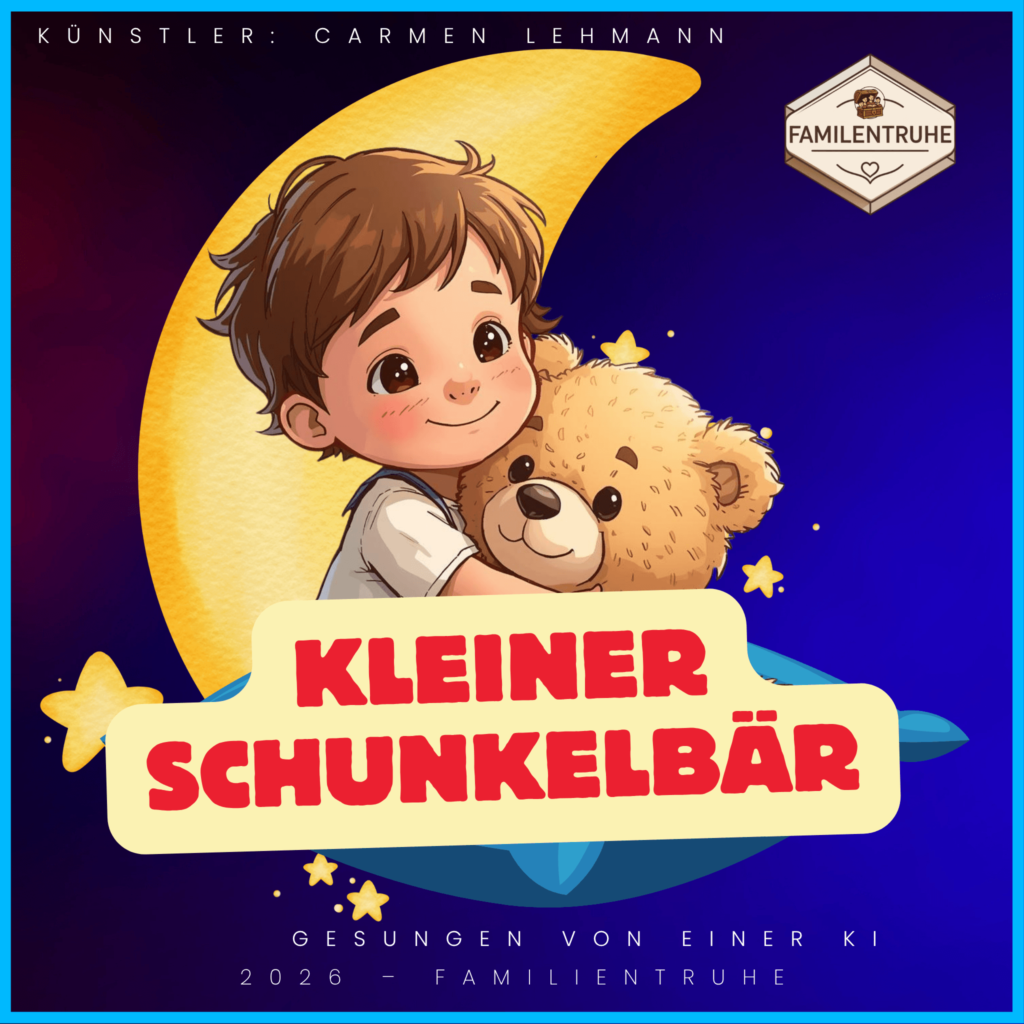 Wiegenlied – Kleiner Schunkelbär: Niedliches Kind mit Teddybär unter einem Mond.