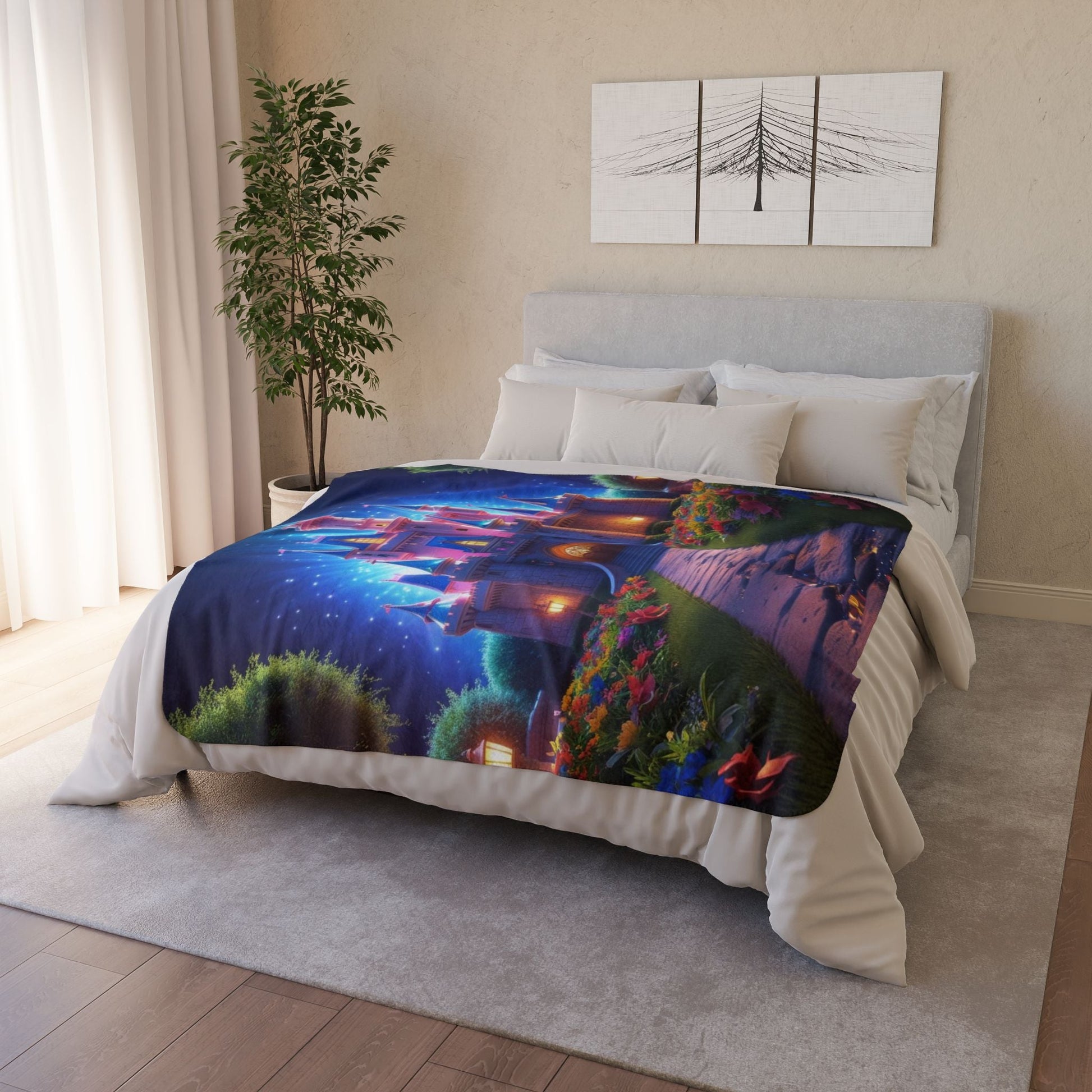 Kuschelige Märchen - Fleece - Sherpa - Decke mit bezauberndem Schloss - Design - Familientruhe