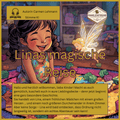 Hörbuch-Linas magische Reise Geschichte – Fröhliches Mädchen auf Abenteuer in buntem Zimmer mit Spielzeug.