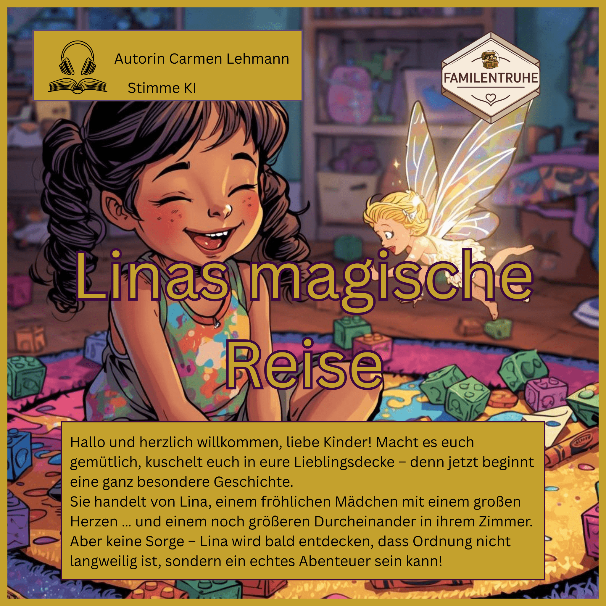 Hörbuch-Linas magische Reise Geschichte – Fröhliches Mädchen auf Abenteuer in buntem Zimmer mit Spielzeug.