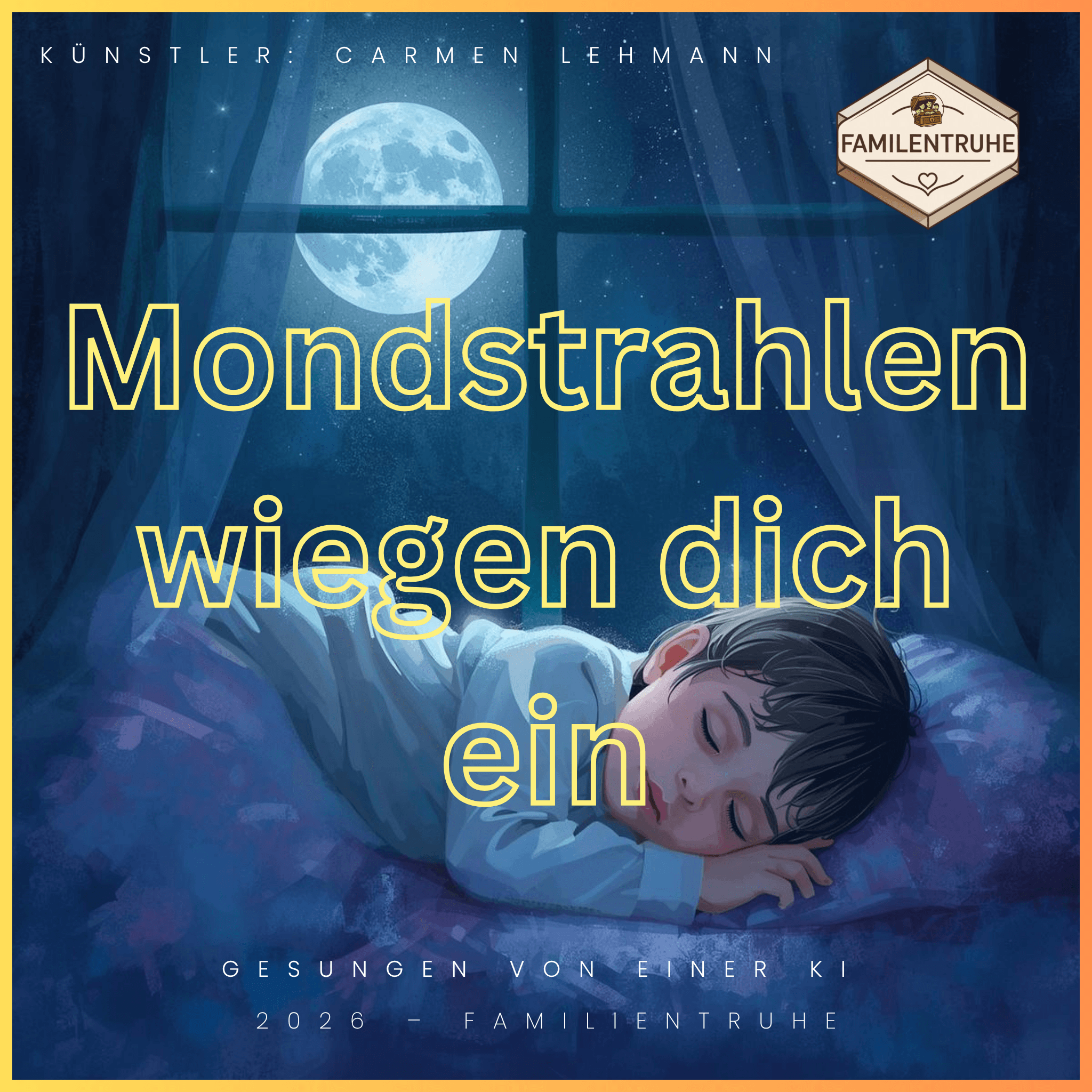 Wiegenlied-Mondstrahlen wiegen dich - ein schlafendes Kind unter dem Mondlicht mit beruhigenden Melodien.