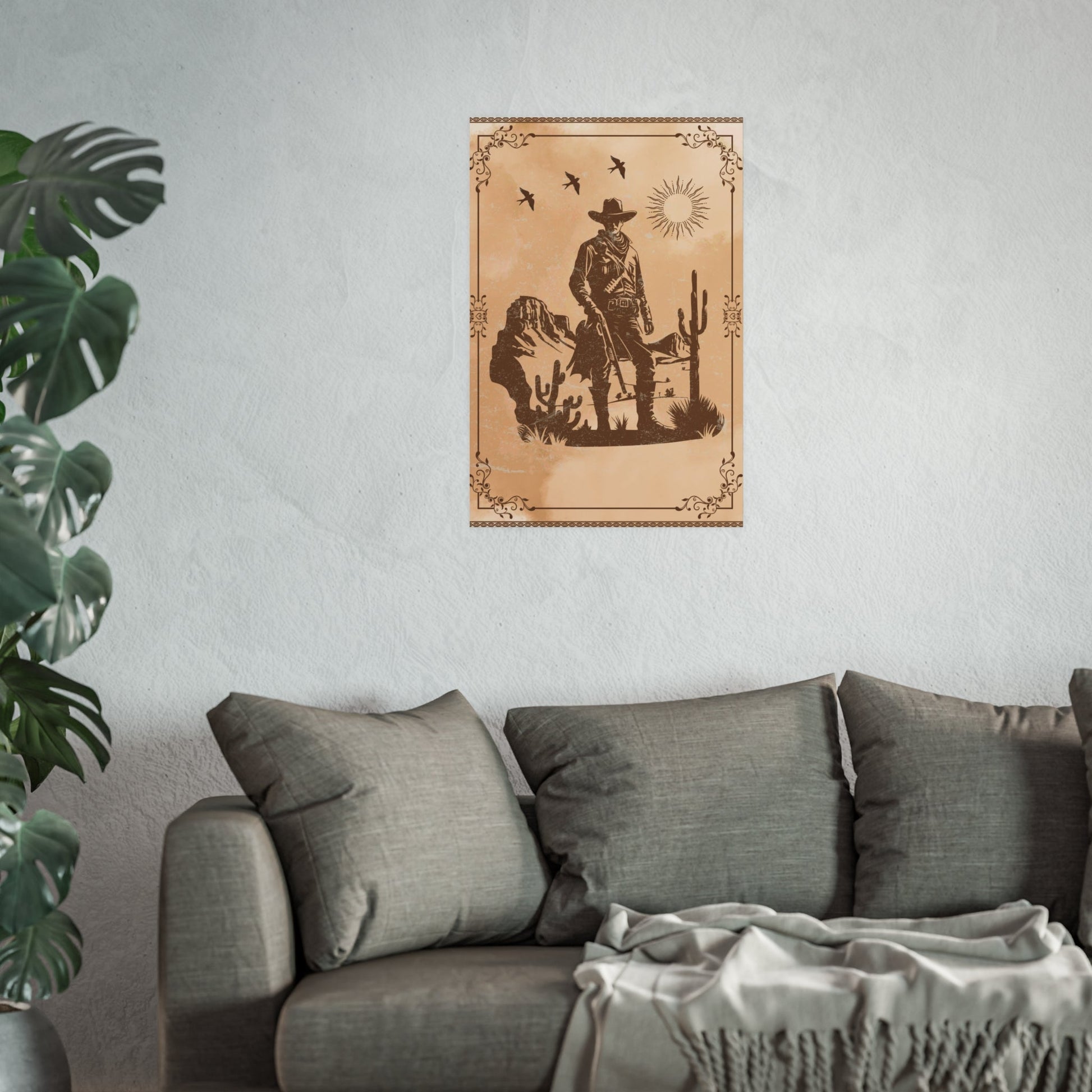 Poster - Cowboy - Schatten auf alt - Rustikal braunem Prärie - Hintergrund - Familientruhe
