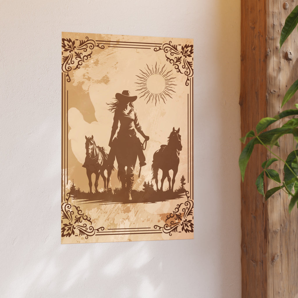 Poster - Dame mit zwei Pferden im braun - schwarzen Schattenhintergrund - Familientruhe