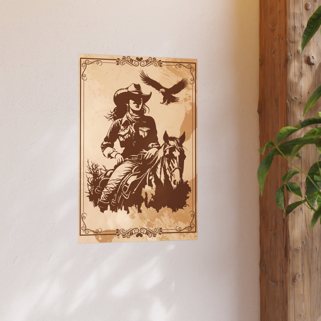 Poster - Western Reiterin sitzt auf ein Pferd im Hintergrund fliegt ein Adler - Familientruhe