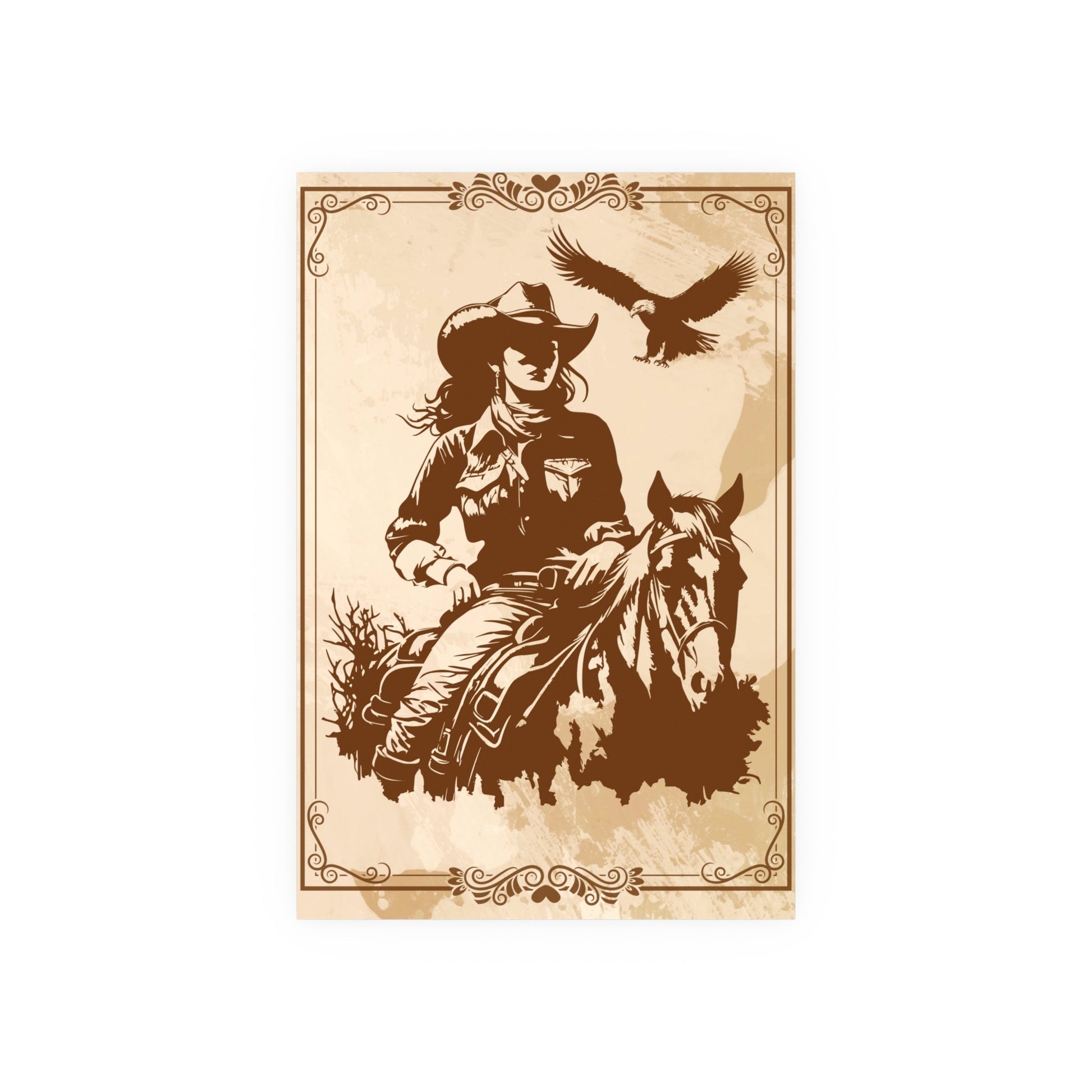 Poster - Western Reiterin sitzt auf ein Pferd im Hintergrund fliegt ein Adler - Familientruhe