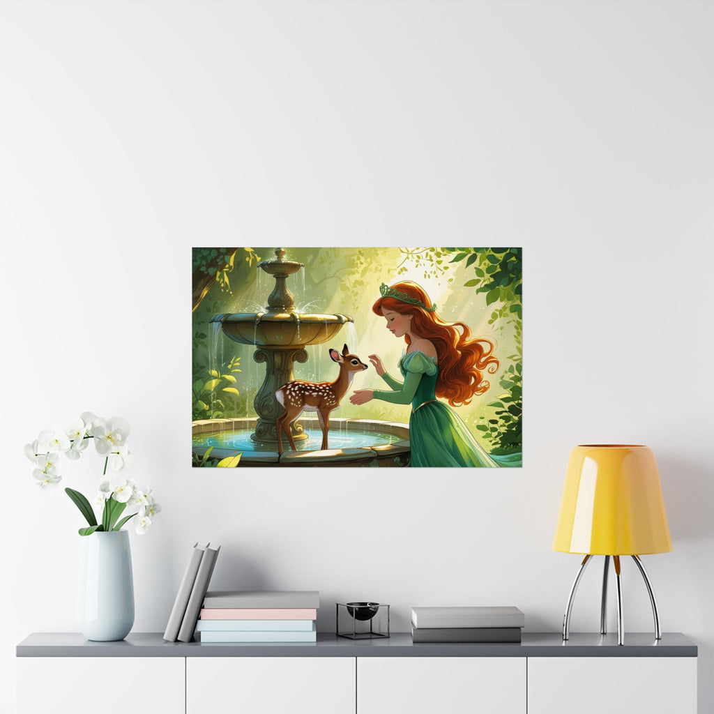 Poster Zauberhafter Waldbrunnen im Brunnen steht ein Reh Kitz davor eine Prinzessin - Familientruhe