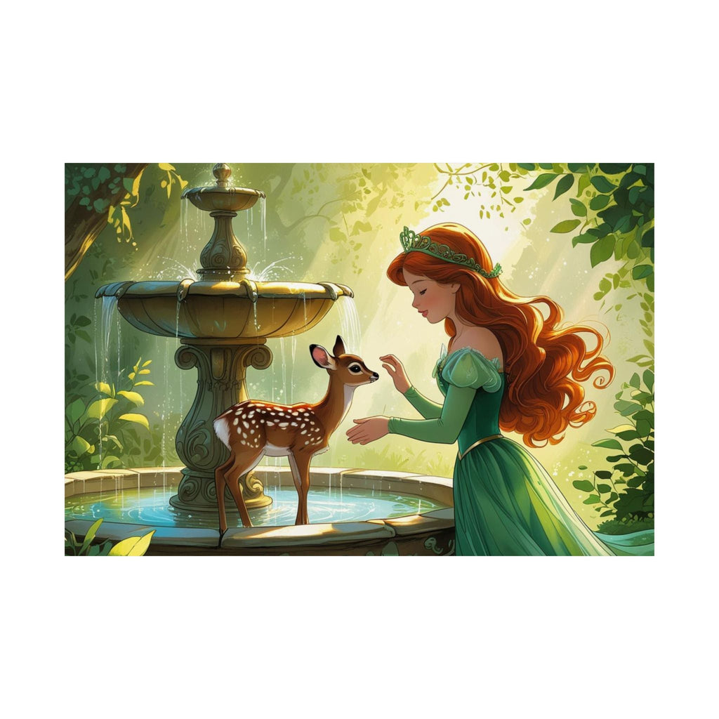 Poster Zauberhafter Waldbrunnen im Brunnen steht ein Reh Kitz davor eine Prinzessin - Familientruhe